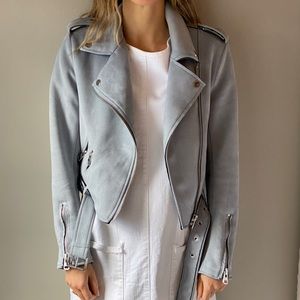 Baby blue suede moto style jacket